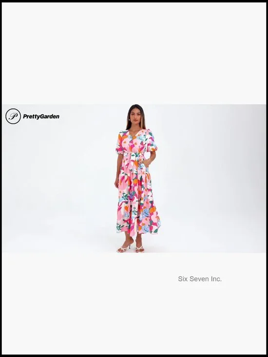 Summer Maxi Dress V-Neck Puff Sleeve Flowy Boho Floral Beach Dress - Picture 7 of 7